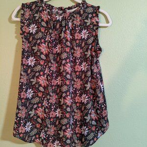 Loft Floral Ruffle Collar Mixed Media Blouse